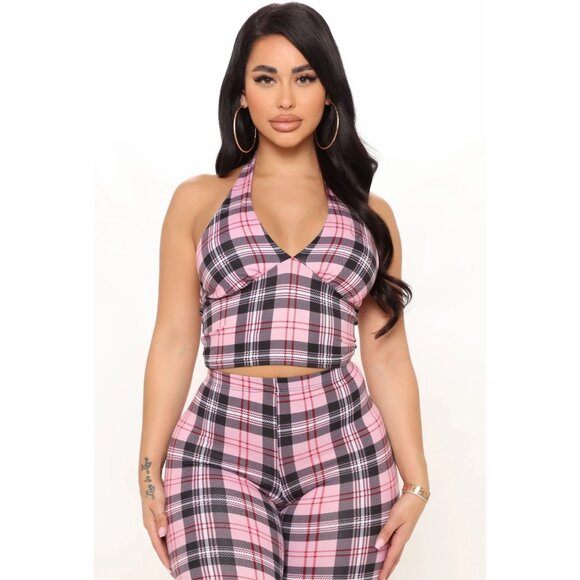 Fashion Nova Soul Searching Pink Plaid Halter Crop Top & Flare Pants Set – S - Picture 3 of 5